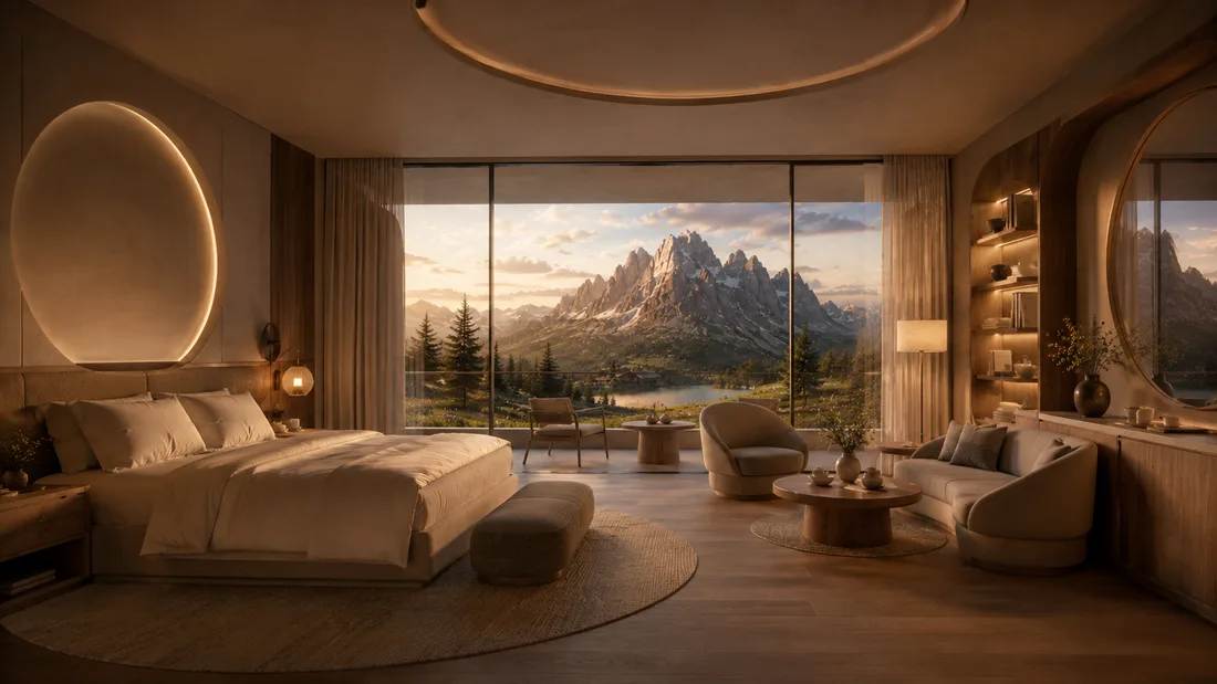 Suite with a panoramic window onto the mountains
